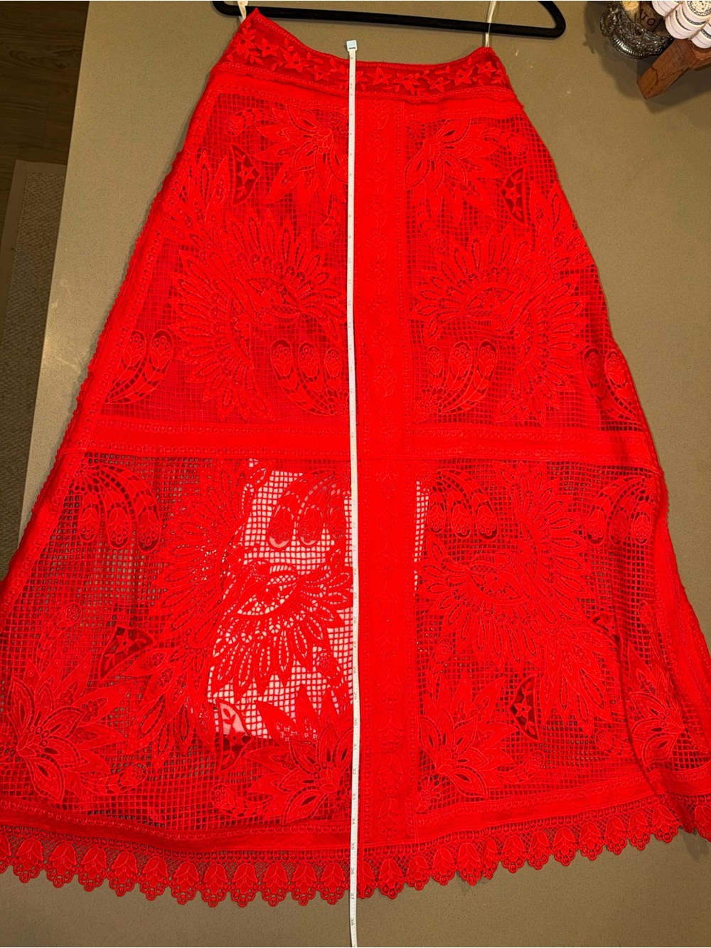 FARM Rio Toucan Red Guipure Crochet Midi Skirt - Picture 8 of 13